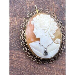 Antique Gold Filled Shell Cameo Pendant Brooch Hand Carved Womans Profile